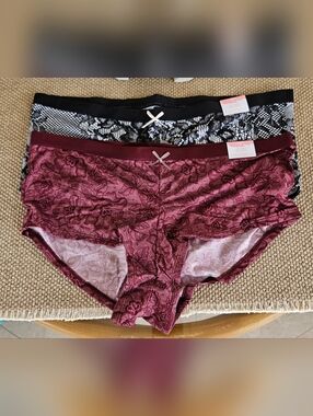 3 Pair Cacique Boyshort - Burgundy & Black Floral Lace And Taupe Animal Print.